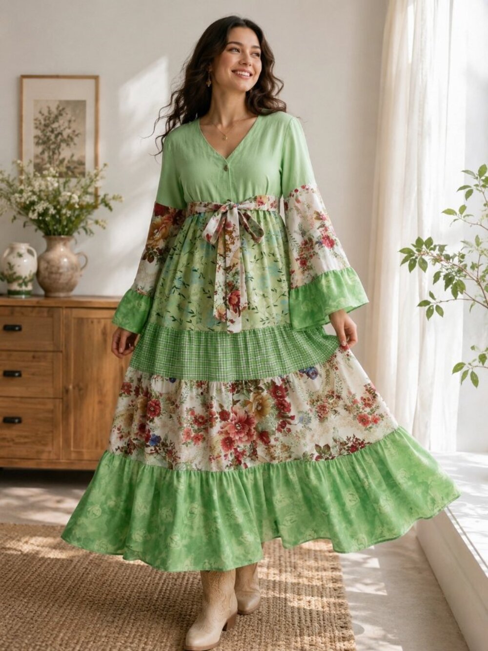 Upcycled Sz M/L Maxi Dress Green Floral Patchwork Gingham Tiered Flared Sleeves